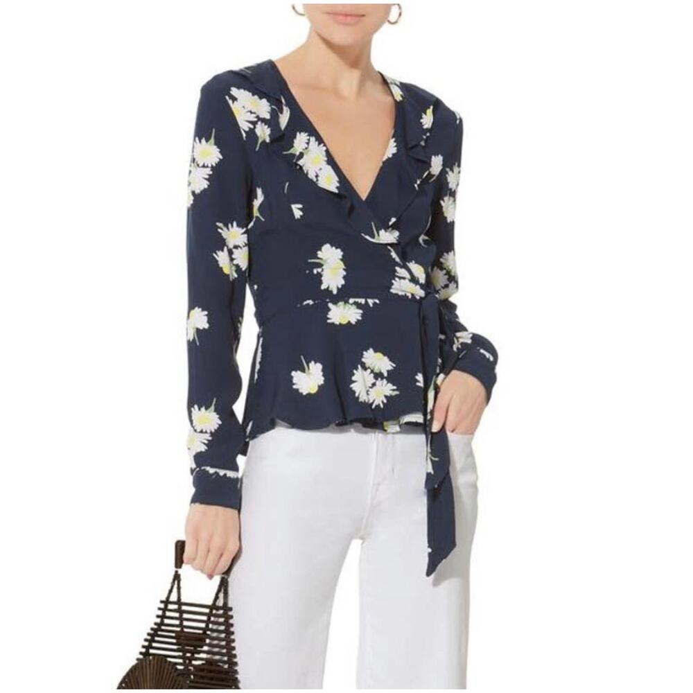 Ganni Ruffled Floral Print V-Neck Wrap Top Navy